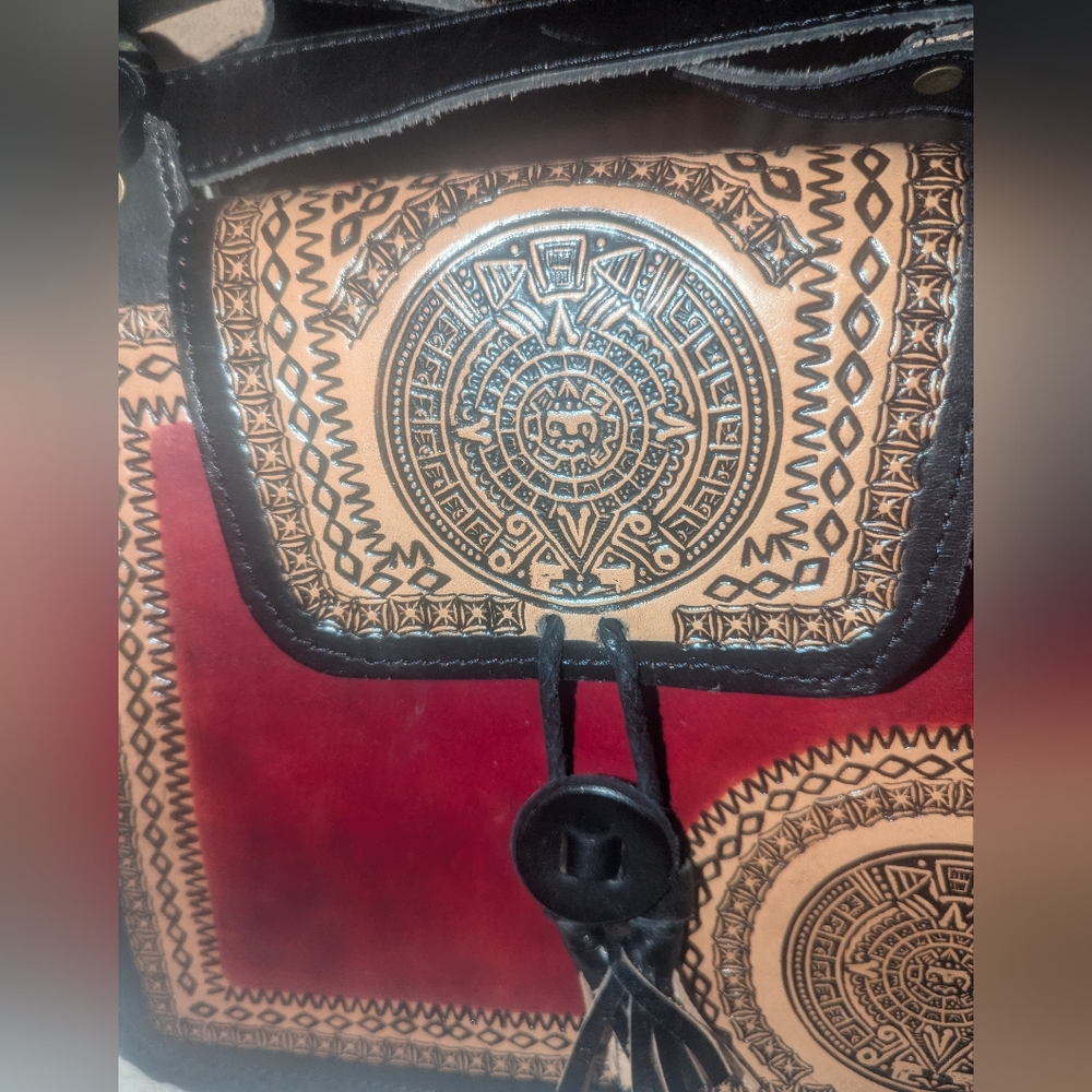Handcrafted Leather Tooled Shoulder Bag - Black, Red, and Tan - Picture 7 of 9